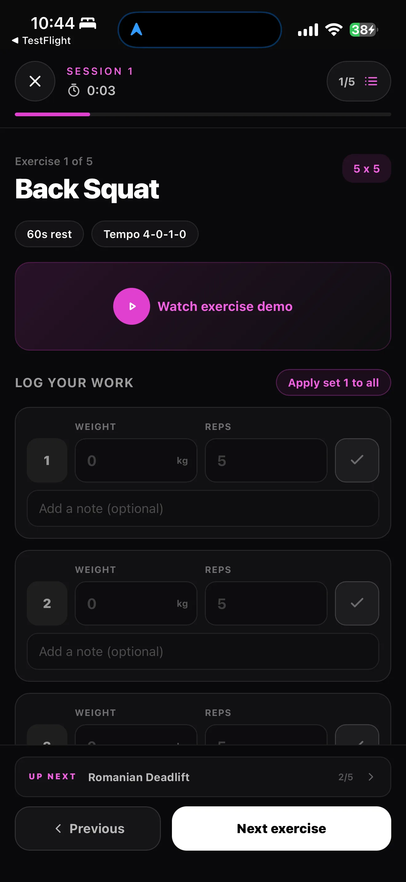 AT CAPACITY app training session screen